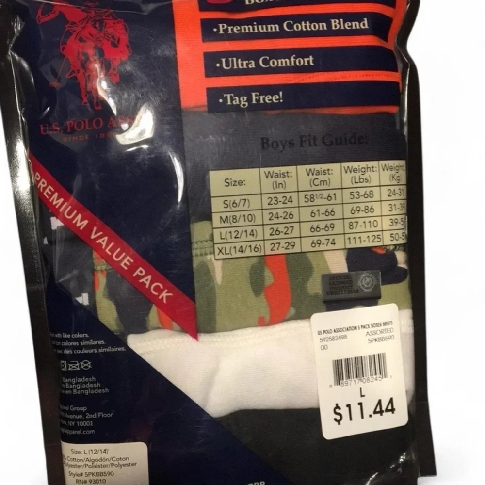 U.S. Polo Assn. 5 Pack Boys Boxer Briefs, large (12/14)